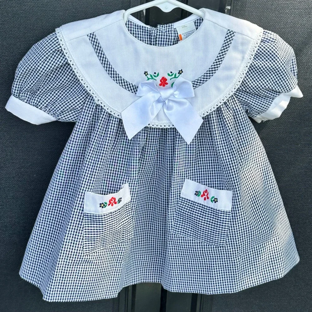 Vintage Gingham Baby Girl Dress Navy Blue White Floral Embroidery 12 Months Cute